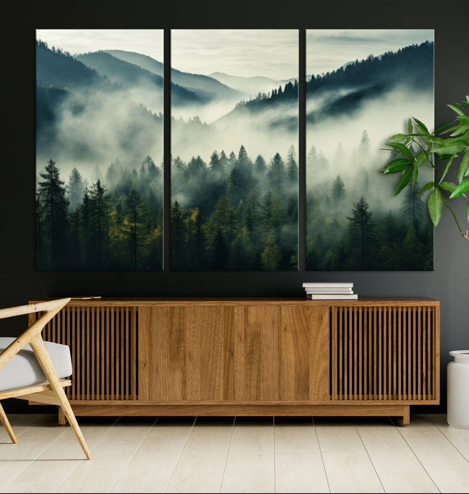 Captivating Misty Forest Wall ArtPremium Canvas Print for a Foggy and Serene Atmosphere