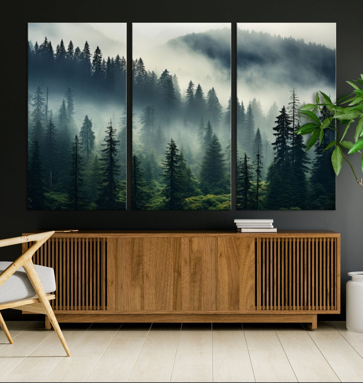 Captivating Misty Forest Wall ArtPremium Canvas Print for a Foggy and Serene Atmosphere