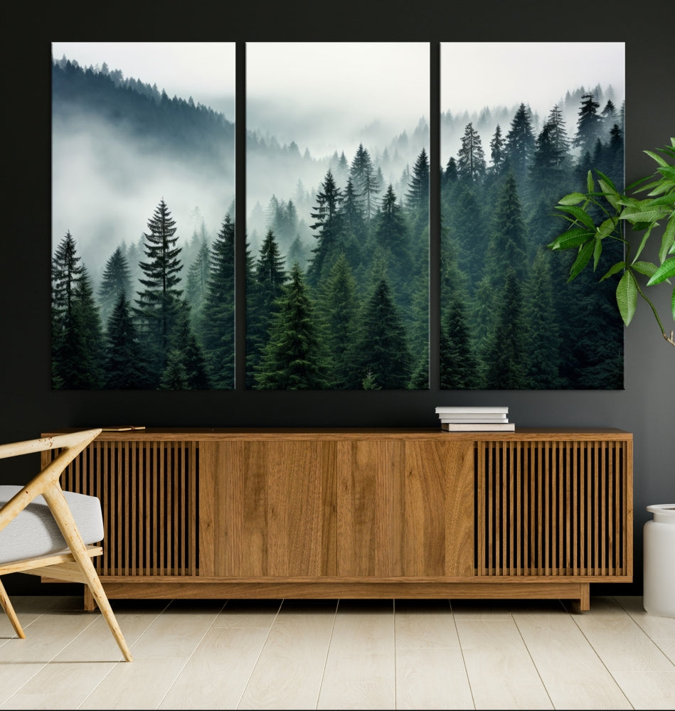 Captivating Misty Forest Wall ArtPremium Canvas Print for a Foggy and Serene Atmosphere