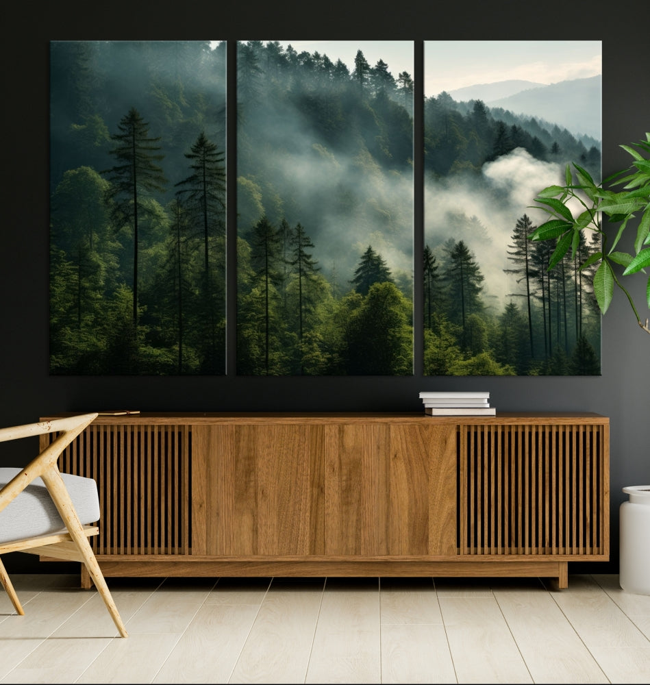 Captivating Misty Forest Wall ArtPremium Canvas Print for a Foggy and Serene Atmosphere