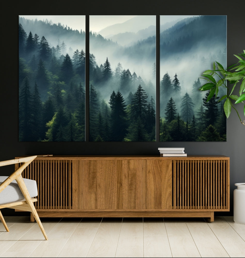 Captivating Misty Forest Wall ArtPremium Canvas Print for a Foggy and Serene Atmosphere