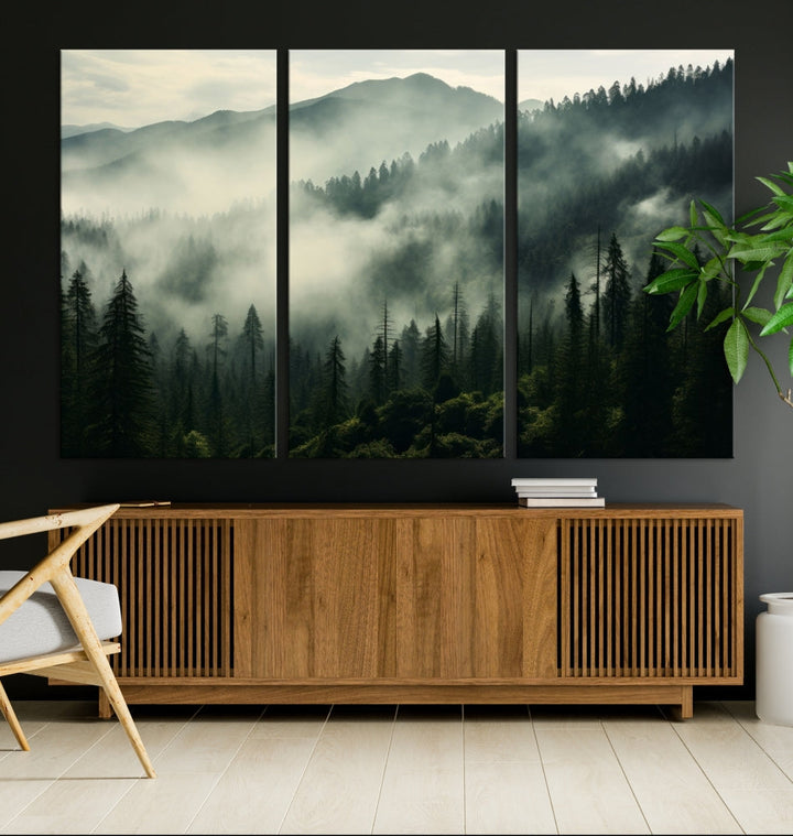 Captivating Misty Forest Wall ArtPremium Canvas Print for a Foggy and Serene Atmosphere