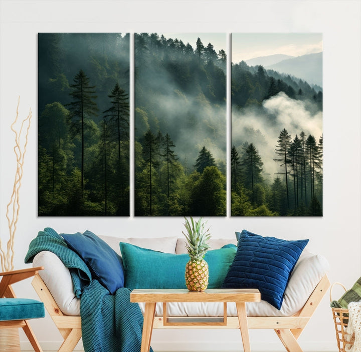 Captivating Misty Forest Wall ArtPremium Canvas Print for a Foggy and Serene Atmosphere