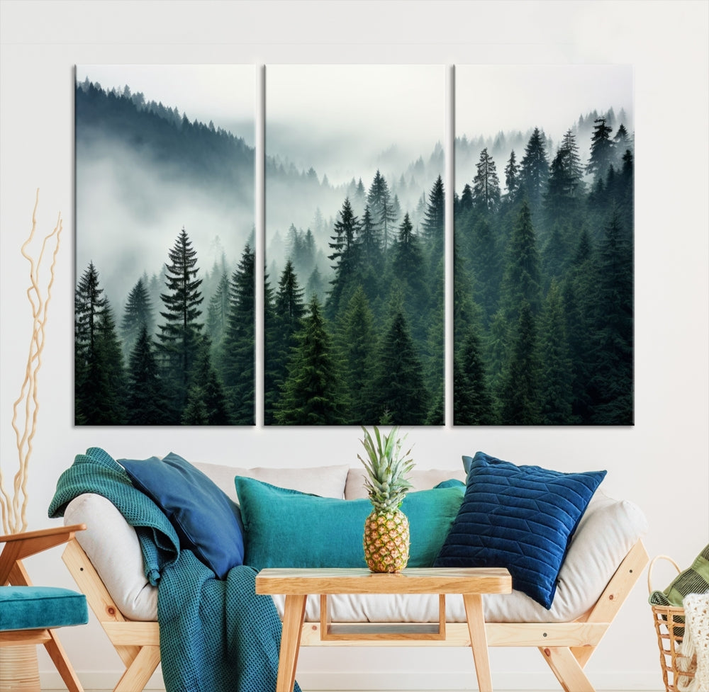 Captivating Misty Forest Wall ArtPremium Canvas Print for a Foggy and Serene Atmosphere