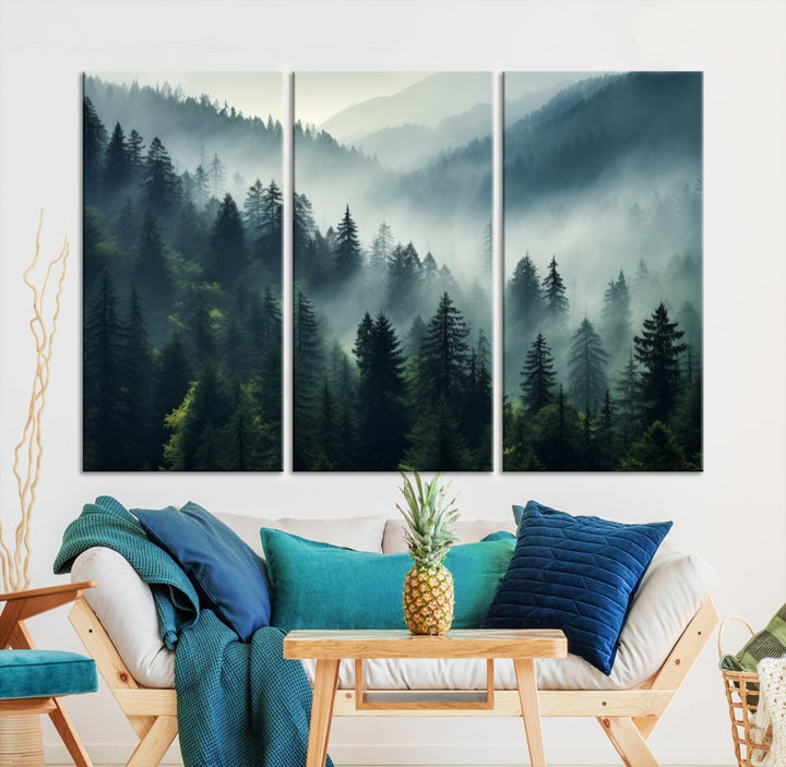 Captivating Misty Forest Wall ArtPremium Canvas Print for a Foggy and Serene Atmosphere