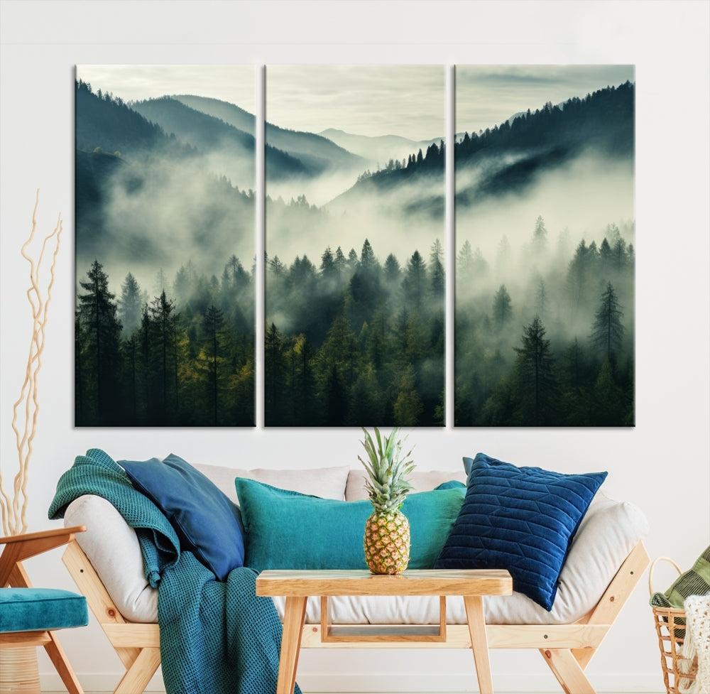 Captivating Misty Forest Wall ArtPremium Canvas Print for a Foggy and Serene Atmosphere