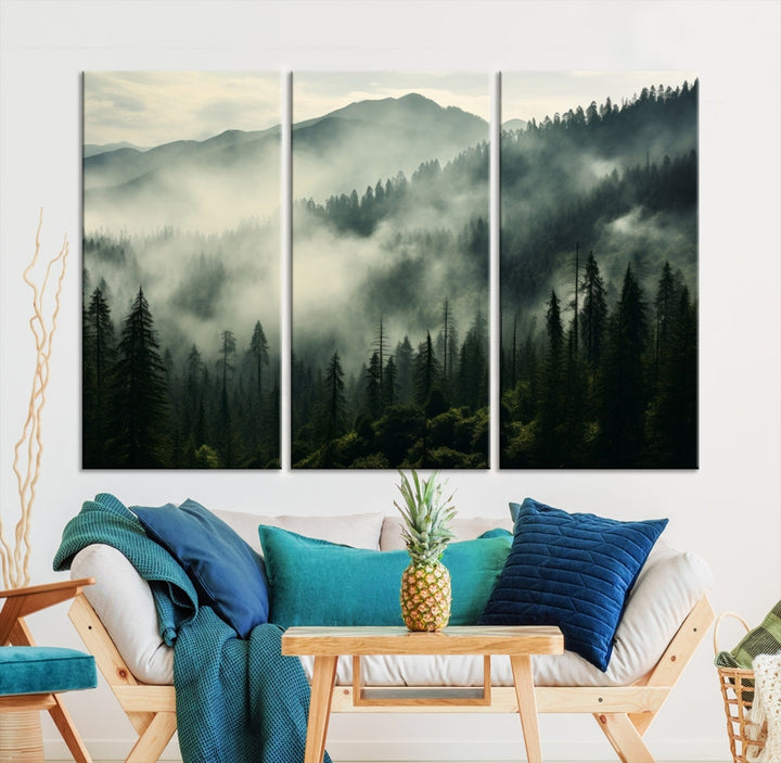 Captivating Misty Forest Wall ArtPremium Canvas Print for a Foggy and Serene Atmosphere