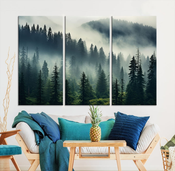 Captivating Misty Forest Wall ArtPremium Canvas Print for a Foggy and Serene Atmosphere