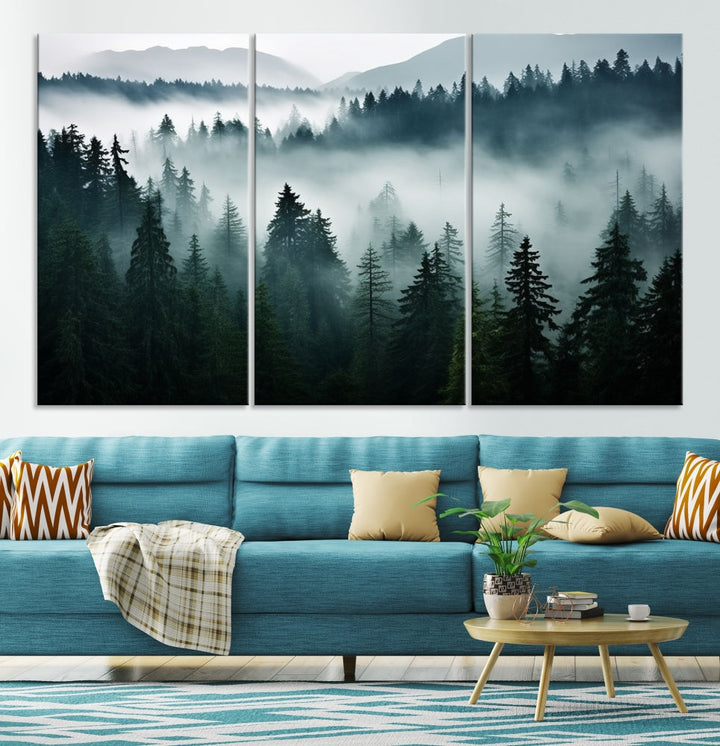 Captivating Misty Forest Wall ArtPremium Canvas Print for a Foggy and Serene Atmosphere