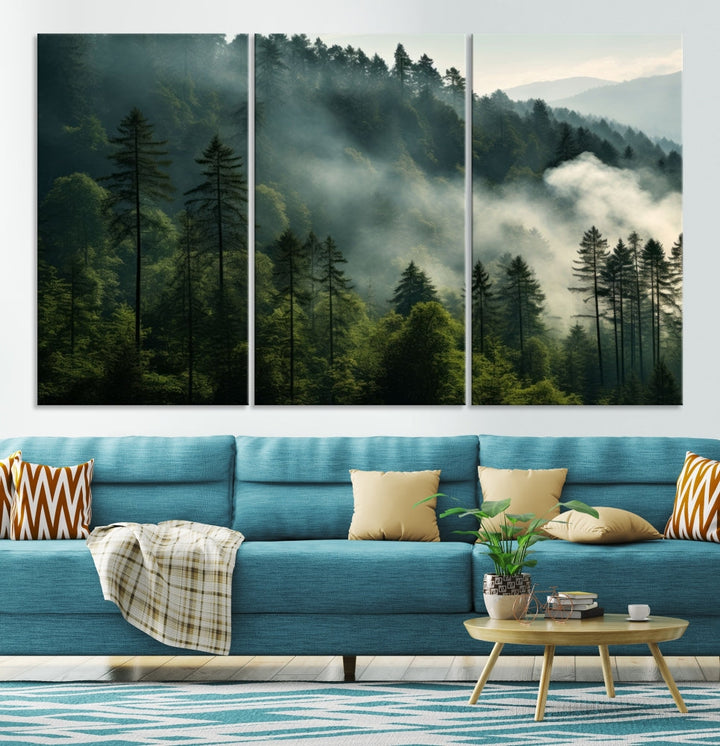 Captivating Misty Forest Wall ArtPremium Canvas Print for a Foggy and Serene Atmosphere