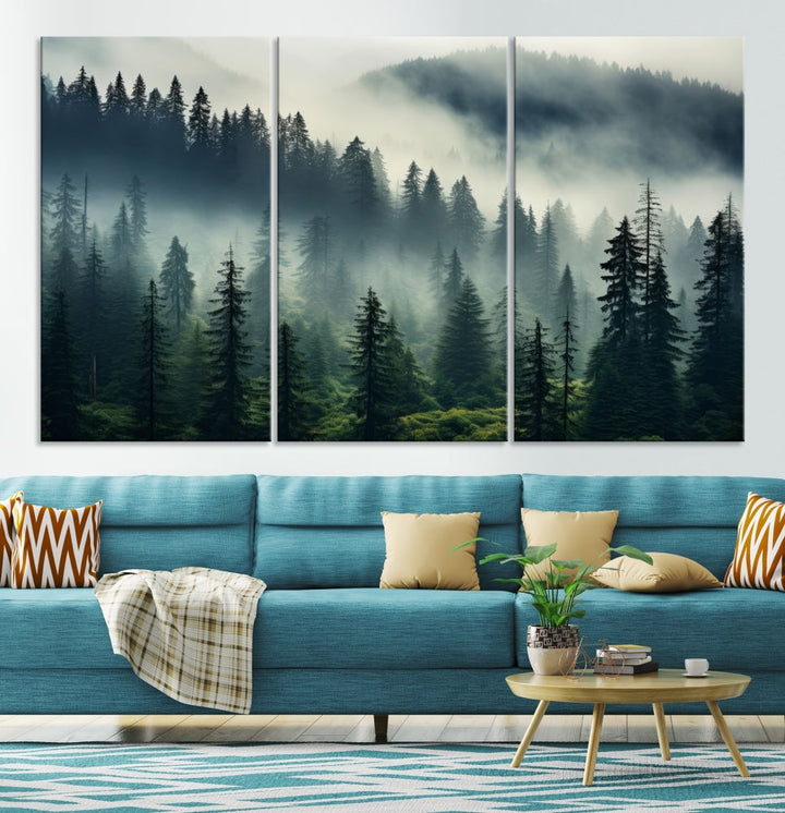 Captivating Misty Forest Wall ArtPremium Canvas Print for a Foggy and Serene Atmosphere