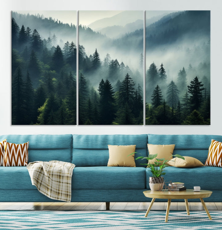 Captivating Misty Forest Wall ArtPremium Canvas Print for a Foggy and Serene Atmosphere