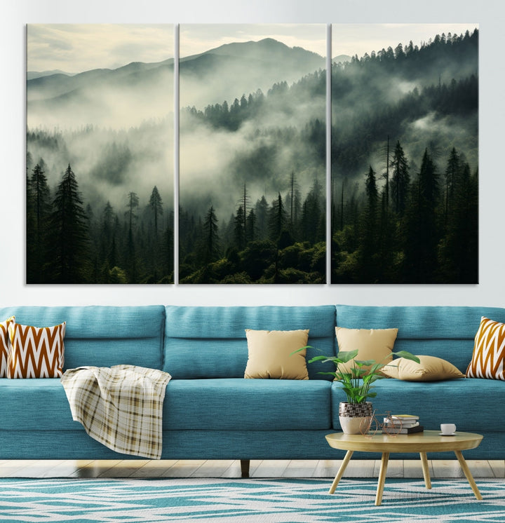 Captivating Misty Forest Wall ArtPremium Canvas Print for a Foggy and Serene Atmosphere