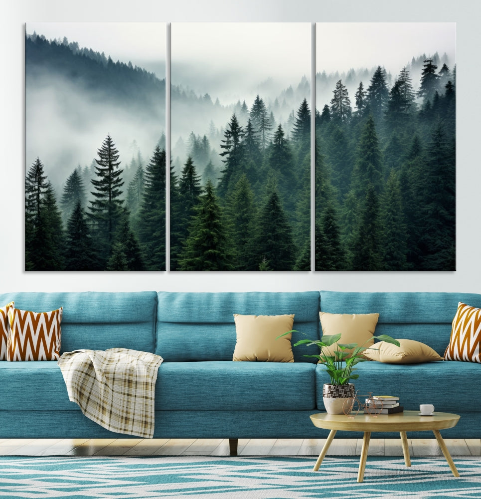 Captivating Misty Forest Wall ArtPremium Canvas Print for a Foggy and Serene Atmosphere