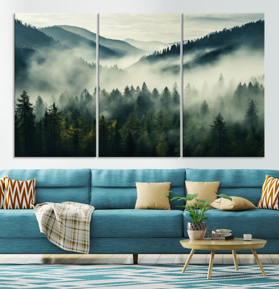 Captivating Misty Forest Wall ArtPremium Canvas Print for a Foggy and Serene Atmosphere