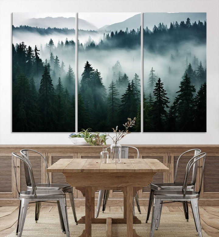 Captivating Misty Forest Wall ArtPremium Canvas Print for a Foggy and Serene Atmosphere