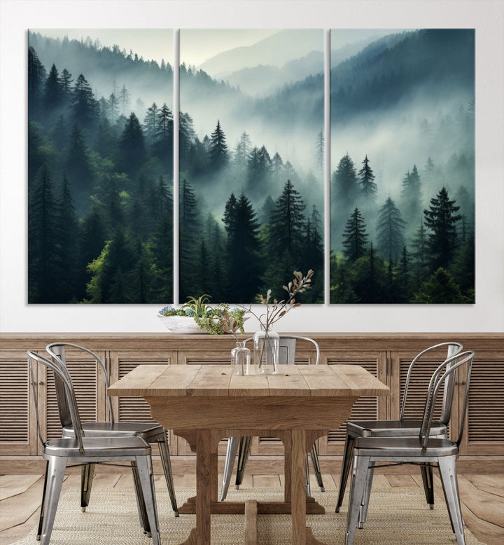 Captivating Misty Forest Wall ArtPremium Canvas Print for a Foggy and Serene Atmosphere