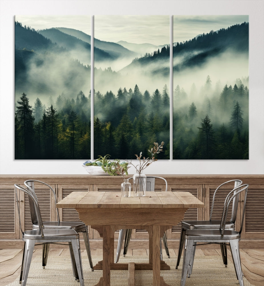 Captivating Misty Forest Wall ArtPremium Canvas Print for a Foggy and Serene Atmosphere