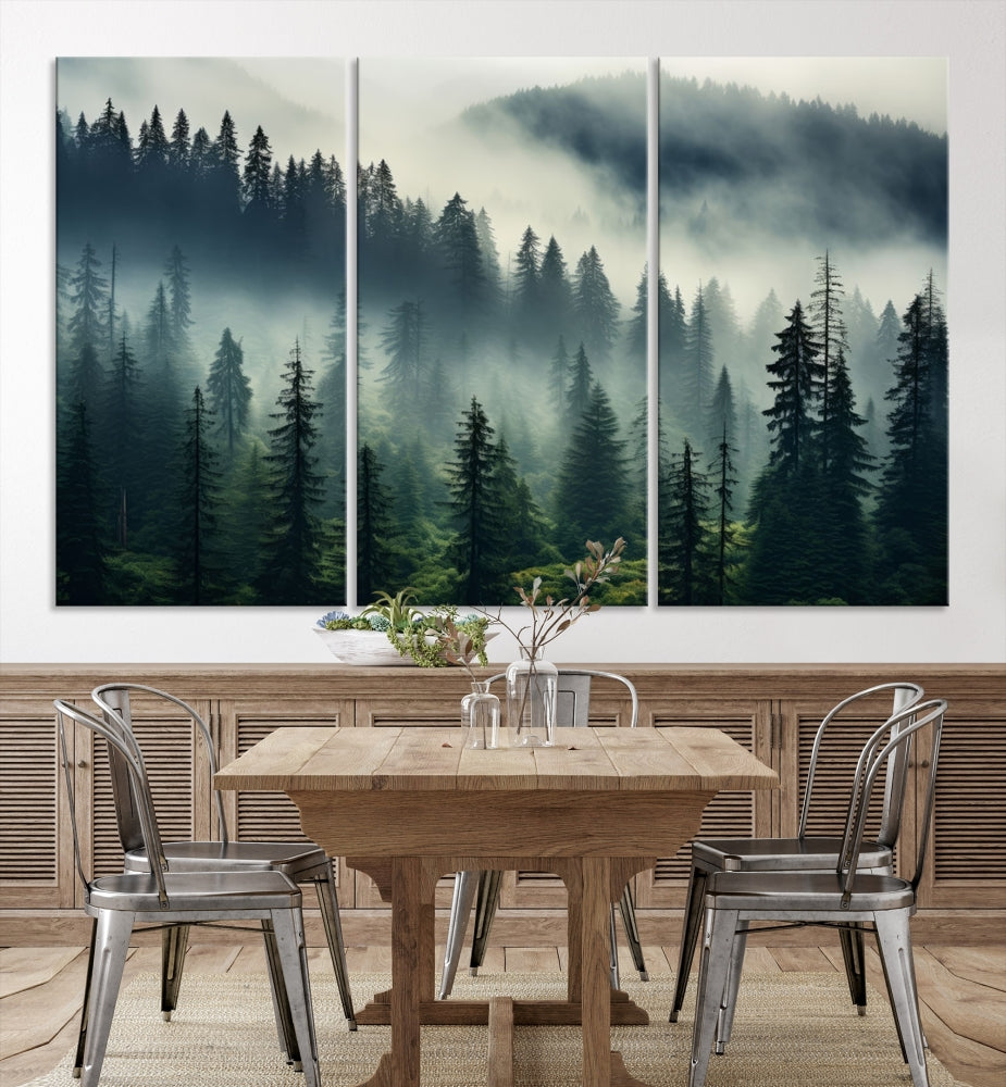 Captivating Misty Forest Wall ArtPremium Canvas Print for a Foggy and Serene Atmosphere