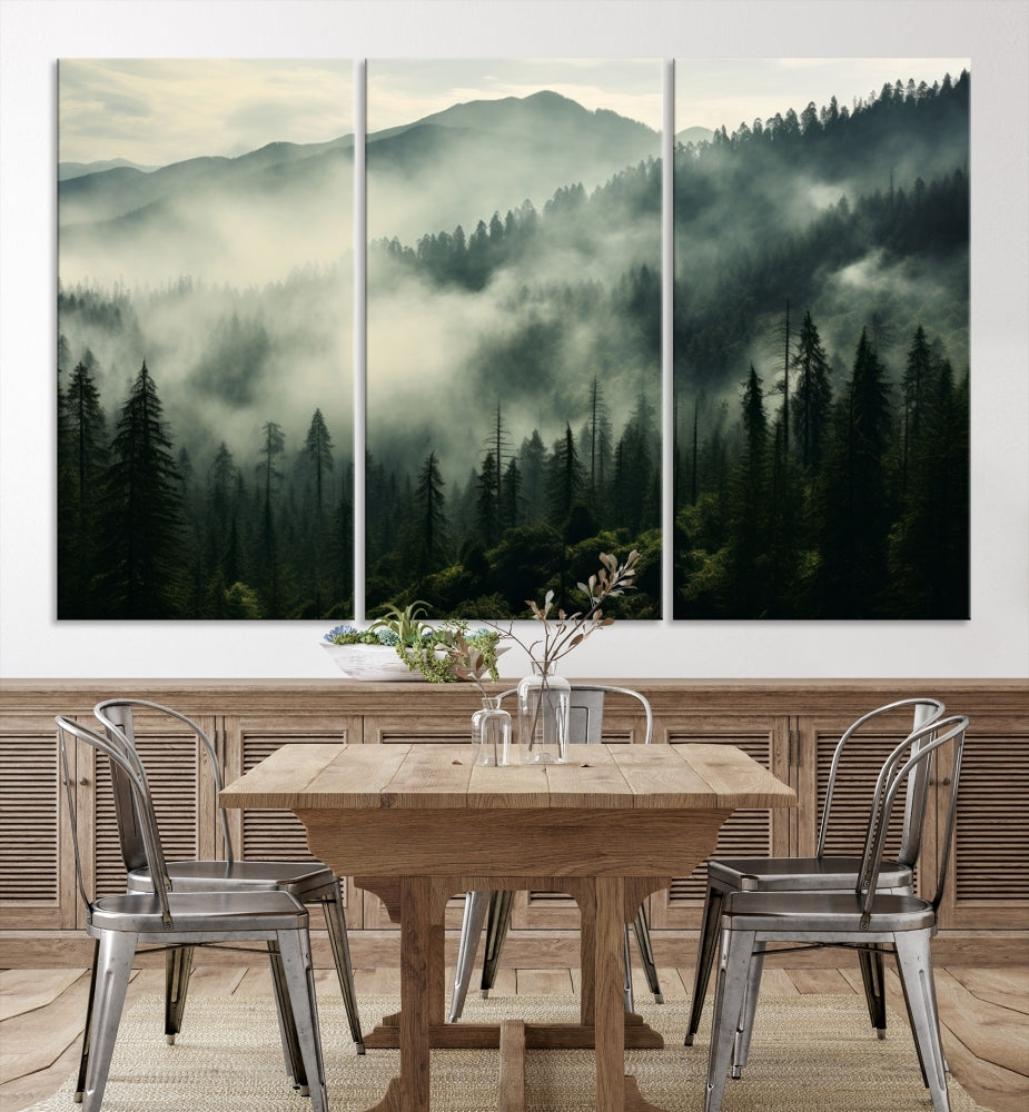 Captivating Misty Forest Wall ArtPremium Canvas Print for a Foggy and Serene Atmosphere