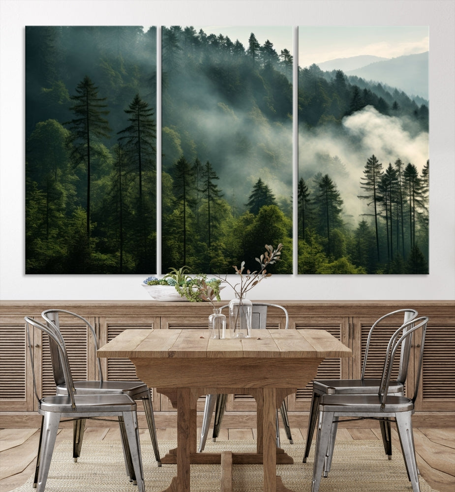 Captivating Misty Forest Wall ArtPremium Canvas Print for a Foggy and Serene Atmosphere