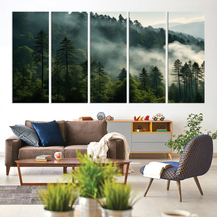 Captivating Misty Forest Wall ArtPremium Canvas Print for a Foggy and Serene Atmosphere