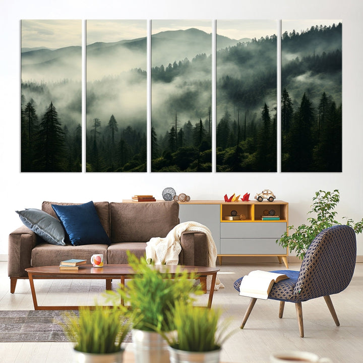 Captivating Misty Forest Wall ArtPremium Canvas Print for a Foggy and Serene Atmosphere