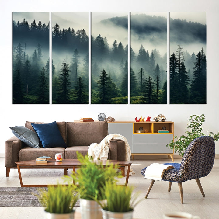 Captivating Misty Forest Wall ArtPremium Canvas Print for a Foggy and Serene Atmosphere