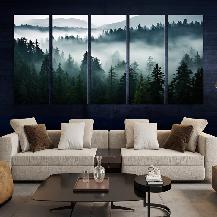 Captivating Misty Forest Wall ArtPremium Canvas Print for a Foggy and Serene Atmosphere