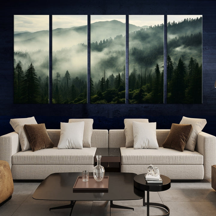 Captivating Misty Forest Wall ArtPremium Canvas Print for a Foggy and Serene Atmosphere