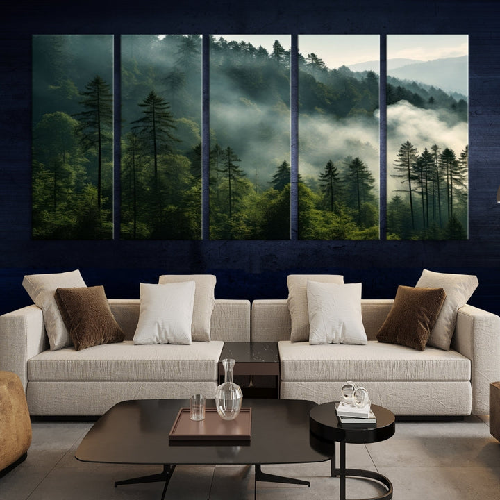 Captivating Misty Forest Wall ArtPremium Canvas Print for a Foggy and Serene Atmosphere