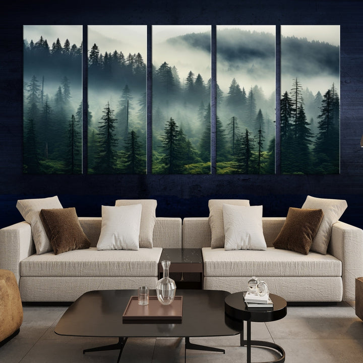 Captivating Misty Forest Wall ArtPremium Canvas Print for a Foggy and Serene Atmosphere