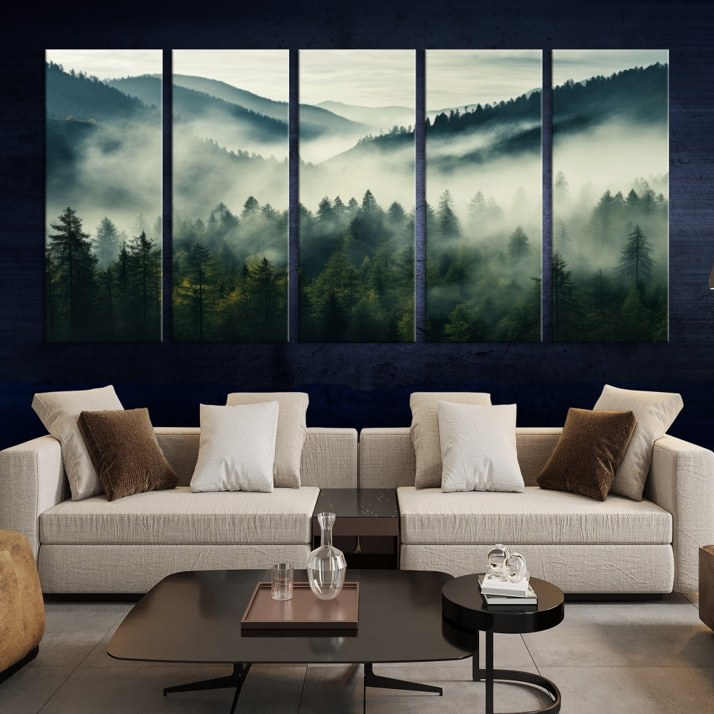 Captivating Misty Forest Wall ArtPremium Canvas Print for a Foggy and Serene Atmosphere