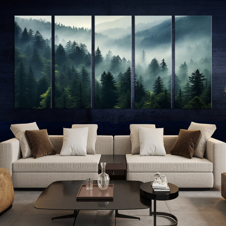 Captivating Misty Forest Wall ArtPremium Canvas Print for a Foggy and Serene Atmosphere