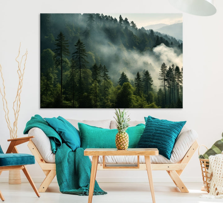 Captivating Misty Forest Wall ArtPremium Canvas Print for a Foggy and Serene Atmosphere