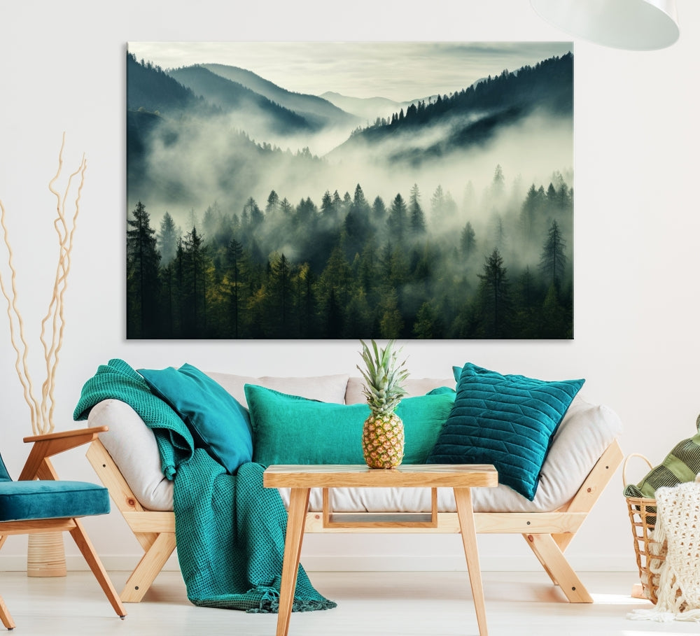 Captivating Misty Forest Wall ArtPremium Canvas Print for a Foggy and Serene Atmosphere