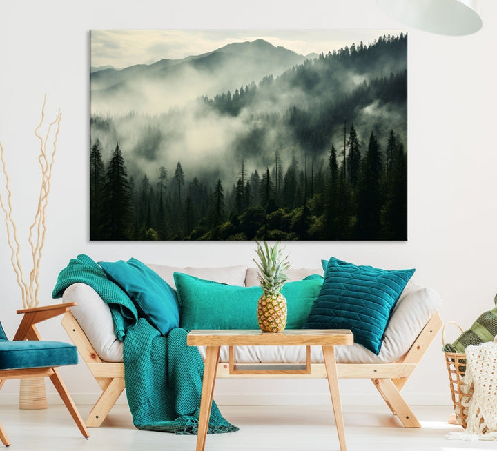 Captivating Misty Forest Wall ArtPremium Canvas Print for a Foggy and Serene Atmosphere