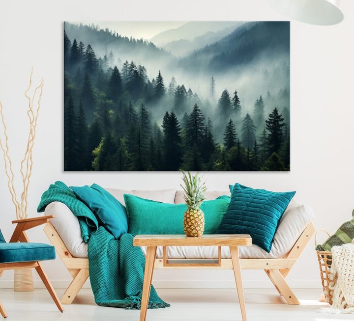 Captivating Misty Forest Wall ArtPremium Canvas Print for a Foggy and Serene Atmosphere