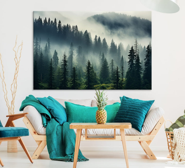 Captivating Misty Forest Wall ArtPremium Canvas Print for a Foggy and Serene Atmosphere