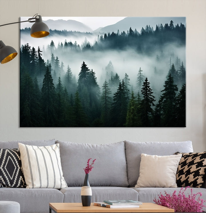 Captivating Misty Forest Wall ArtPremium Canvas Print for a Foggy and Serene Atmosphere