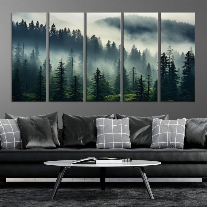 Captivating Misty Forest Wall ArtPremium Canvas Print for a Foggy and Serene Atmosphere