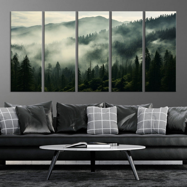 Captivating Misty Forest Wall ArtPremium Canvas Print for a Foggy and Serene Atmosphere