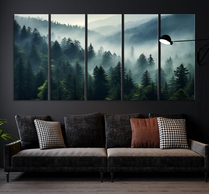 Captivating Misty Forest Wall ArtPremium Canvas Print for a Foggy and Serene Atmosphere