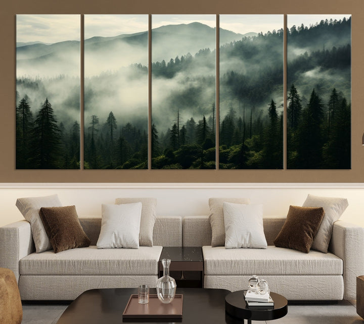 Captivating Misty Forest Wall ArtPremium Canvas Print for a Foggy and Serene Atmosphere