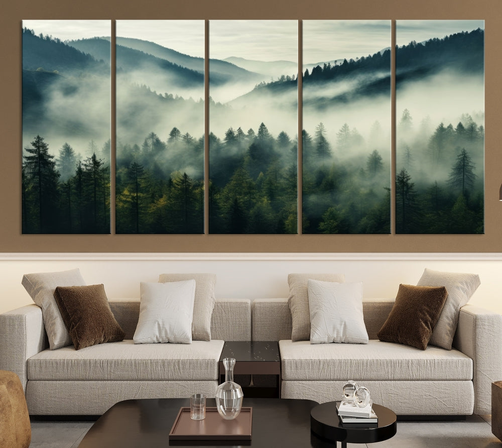 Captivating Misty Forest Wall ArtPremium Canvas Print for a Foggy and Serene Atmosphere