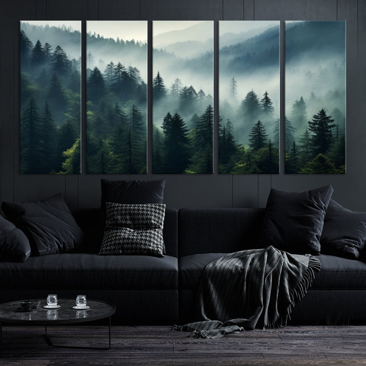 Captivating Misty Forest Wall ArtPremium Canvas Print for a Foggy and Serene Atmosphere