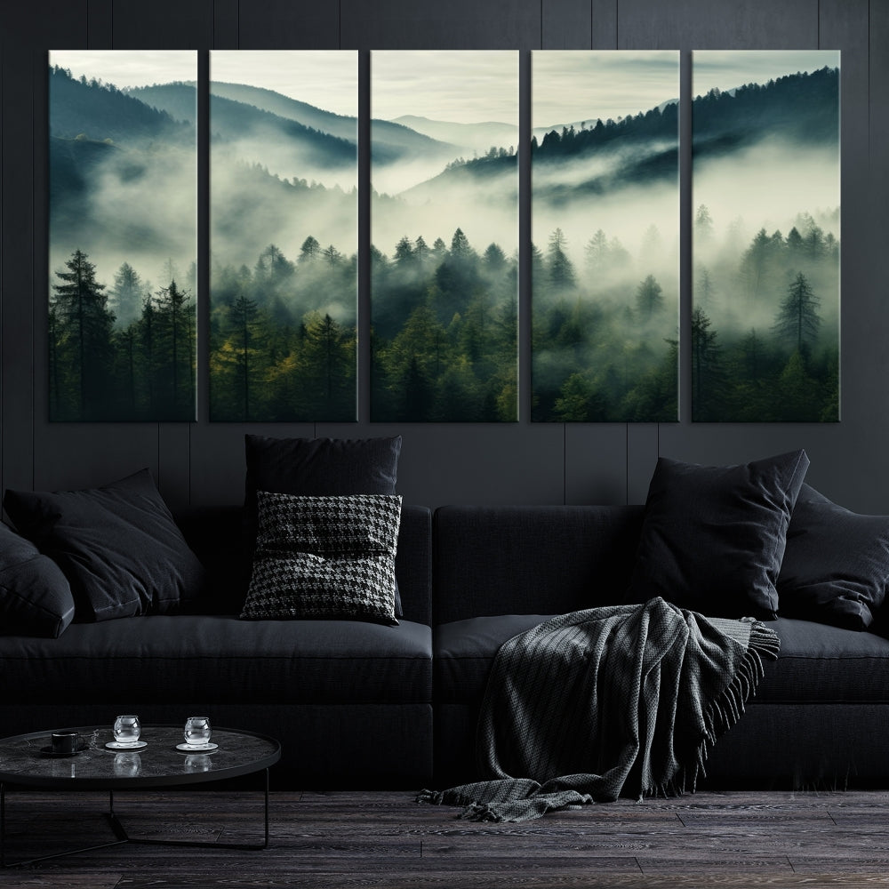 Captivating Misty Forest Wall ArtPremium Canvas Print for a Foggy and Serene Atmosphere