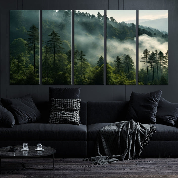 Captivating Misty Forest Wall ArtPremium Canvas Print for a Foggy and Serene Atmosphere