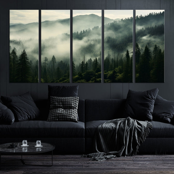 Captivating Misty Forest Wall ArtPremium Canvas Print for a Foggy and Serene Atmosphere