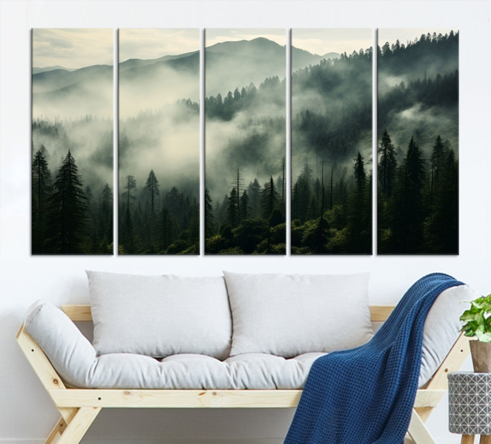 Captivating Misty Forest Wall ArtPremium Canvas Print for a Foggy and Serene Atmosphere